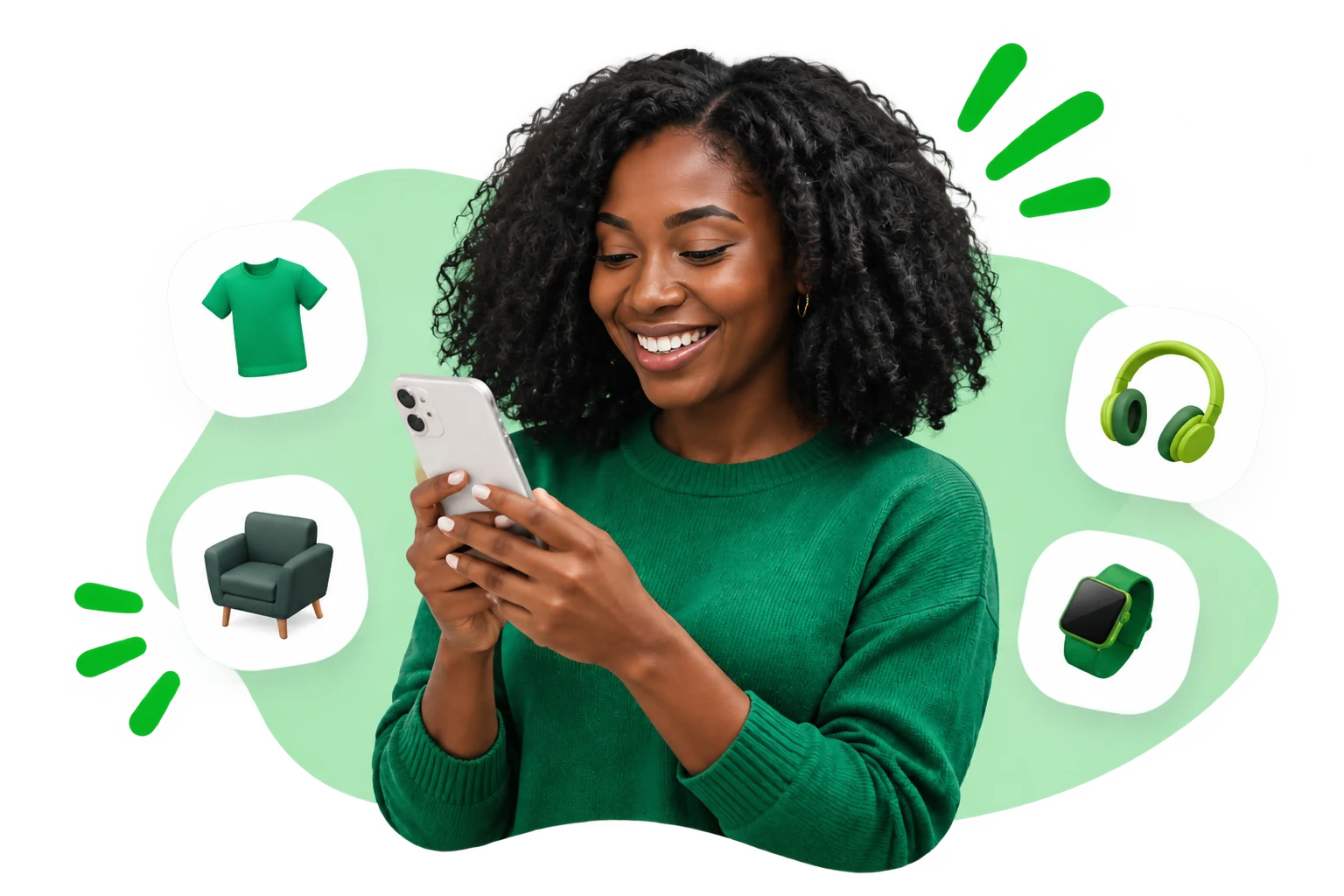 Woman smiling at her phone, surrounded by a shirt, armchair, headphones and smart watch